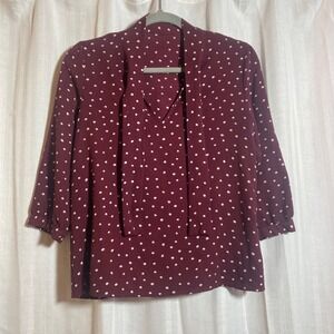 Papaya Burgundy Polka Dot Tie Neck Blouse Womens Med V-Neck 3/4 Sleeve Romantic